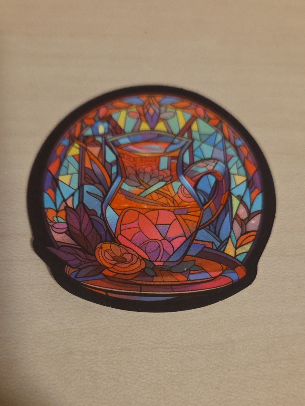 Sticker - Clear Pitcher of Fruit Juice in Front of a Stained Glass Window